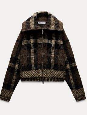 ZARA Viral Textured Plaid Knit Moto Bomber Jacket with Zippers - Medium
